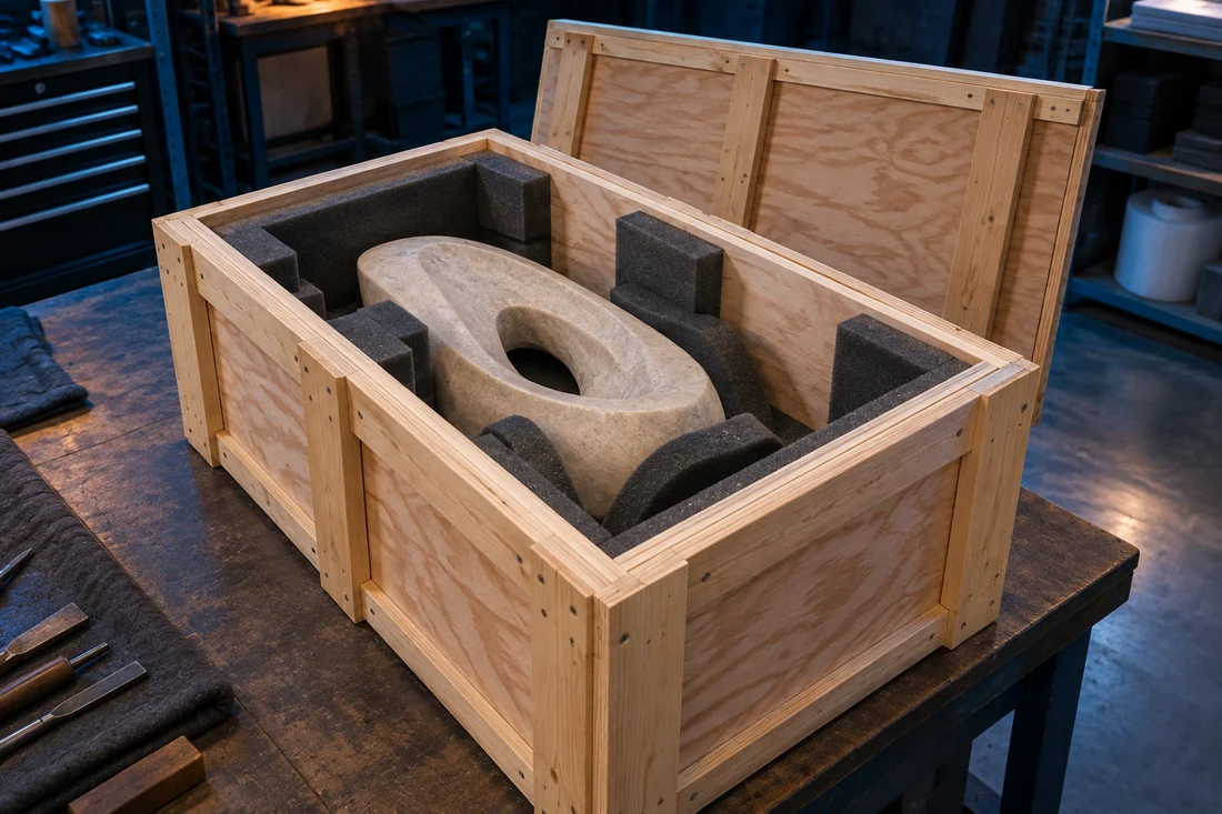 Illustrative wooden packing case with protective lining