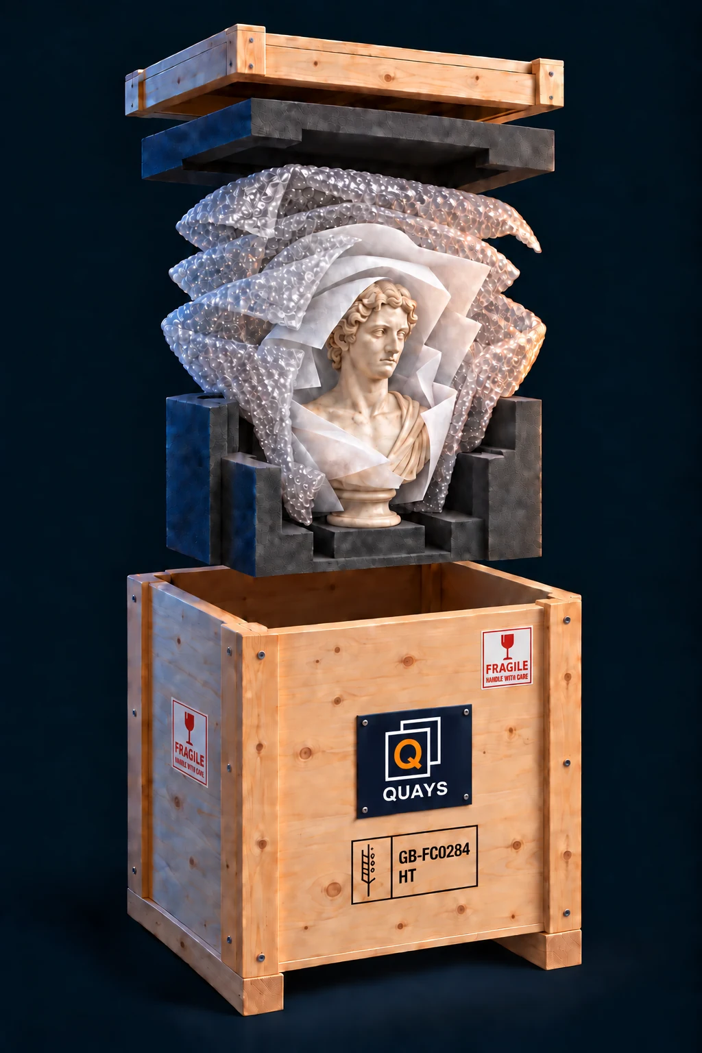 Illustration showing a sculpture protected by soft wrapping, bubble wrap and foam inside a custom wooden crate.